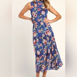 Lulu’s In My Dreams Blue Floral Print Midi Dress NWT